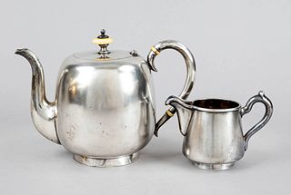 Teapot and cream jug, hallmarked Russia, 1x 1st Kokoshnik mark (1896-1908), maker's mark PJS, 1x city mark St. Petersburg, 1893, maker's mark SW, each