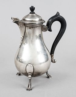 Coffee pot, Switzerland, 20th century, master mark Spitzbarth, Zurich, silver 800/000, on 3 feet, pear-shaped body, ebonized wooden handle attached to