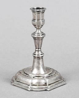 Baroque style candlestick, probably German, 19th c., chased hallmarks, square stand with matching curved corners, baluster stem, spout in vase shape, 