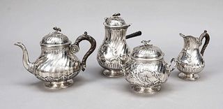 Three-piece tea centerpiece and chocolate pot, France, 1875-1891, maker's mark Fray Fils, Paris, silver 950/000, on round stand, bulbous corpus, later