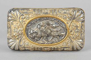Hunting baroque tabatiere, 18th century, silver hallmarked, mostly gilded, of rectangular form, hinged and domed hinged lid, with rich relief decorati