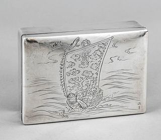 Rectangular cigarette box, Japan, 20th century, silver hallmarked, straight body, slightly domed plug-in lid, lid with engraved decoration ship on the