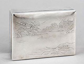 Rectangular cigarette case, Japan, 20th century, silver hallmarked, straight body, slightly domed plug-in lid, lid with landscape engraving decoration