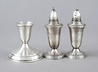 Candlestick and salt and pepper shaker, USA, 20th century, sterling silver 925/000, each with round filled stand, shaker with surrounding cord decorat
