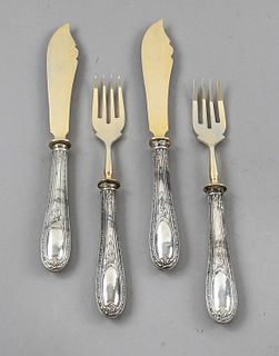 Fish cutlery for six persons, 20th century, silver 800/000, filled handles with floral and ornamental relief decor, 12 forks and knives each, l. 18,5 