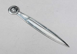 Letter opener for the 100th anniversary of Goethe's death, German, 20th c., maker's mark Bruckmann & Söhne, Heilbronn, silver 835/000, round finial wi