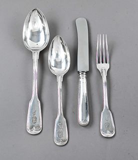 19-piece dinner set for 6 persons, German, around 1900, jeweler's mark Frey & Söhne, silver 750/000, model Augsburger Faden, with coat of arms engrave