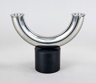 Candlestick, Denmark, 20th c., master mark Georg Jensen, plated, smooth curved form, on cylindrical plastic pedestal, w. 23,5 cm