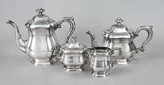 Four-piece coffee and tea centerpiece, German, 20th century, maker's mark M. H. Wilkens & Söhne, Bremen-Hemelingen, silver 830/000, 4-pass stand, bulb