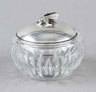 Honey jar with silver lid, German, 20th century, maker's mark M. H. Wilkens & Söhne, Bremen-Hemelingen, silver 835/000, smooth lid, bee-shaped knob, b