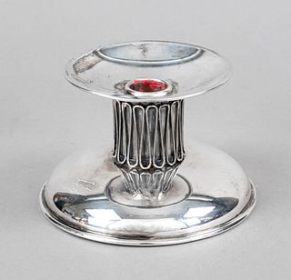 Candlestick, German, mid-20th century, maker's mark Bruckmann & Söhne, Heilbronn, silver 835/000, round domed stand, wooden stem with ribbon decoratio