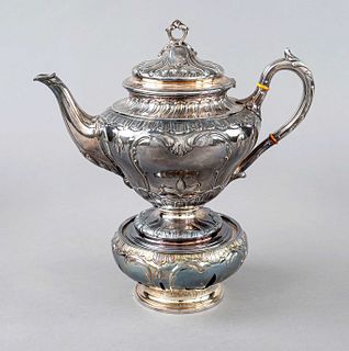 Teapot with teapot warmer, German, 20th c., master's mark Bremer Schlüssel and H K & B for Koch & Bergfeld, Bremen, sterling silver 925/000, Fabergé m
