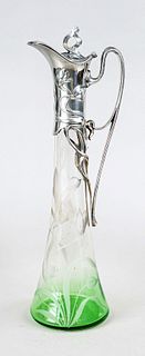 Art Nouveau carafe with mounting, German, c. 1900, maker's mark WMF, Geislingen, plated, with curved handle and hinged hinged lid, body with floral re