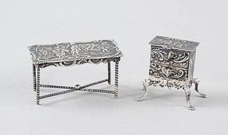 Two miniatures, 1x table, England, 1892, maker's mark Samuel Boyce Landeck, London, sterling silver 925/000, table top with relief decoration, landsca