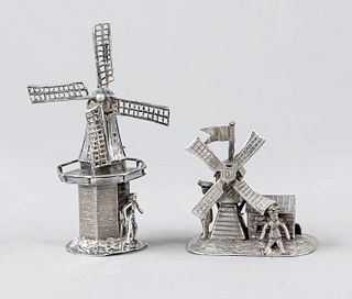 Two miniature windmills, early 20th c., 1x with Dutch hallmark, 1x silver hallmark. hallmark, 1x silver hallmarked, each with person set, h. up to 9 c