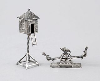 Two miniatures, 1x dovecote, England, 1899, maker's mark John George Smith, London sterling silver 925/000, ladder partly broken off, h. 9 cm, 1x rock