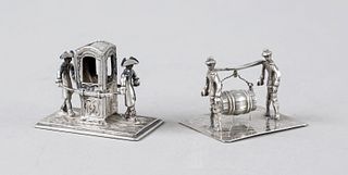 Two miniatures, 1x 2 men transporting a barrel, German, around 1900, maker's mark J. D. Schleissner & Söhne Hanau, hallmarked silver, 1x, sedan chair 