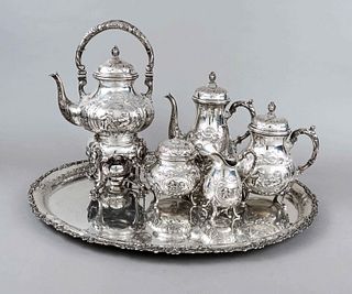 Five-piece coffee and tea centerpiece on oval tray, German, c. 1900, probably Hanau, maker's mark WHH in circle, silver 800/000, vessels each on 4 fee