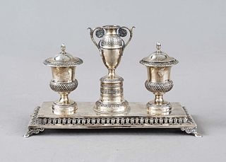 Desk set, Italy, 19th c., probably Milan, silver hallmarked, rectangular stand on 4 feet, the rim open worked with leaf decoration, on it inkwell (gla