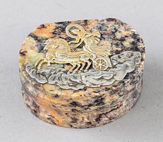 Stone lidded box with silver application on the lid, hallmarked Russia, 2nd Kokoshnik mark (1908-26), city letter St. Petersburg, MZ, silver 88 zolotn