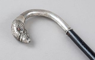 Walking stick with silver handle, German, around 1900, silver 800/000, finial in the shape of a bird's head with inlaid eyes, ebonized wooden stick, t