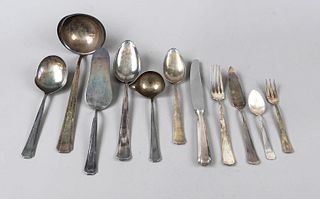 39-piece remnant cutlery set, German, 20th c., maker's mark WMF, Geislingen, plated, form 1900, angular Art Deco shape, forks, knives, serving pieces,