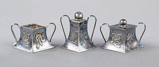 Three Asian spice jars, 20th c. silver hallmarked, rhombic shape, with tapering wall and character decoration, handles attached to the sides, complete