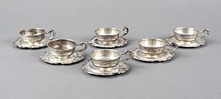 Six demitasse cups with saucers, German, 20th c., maker's mark Gebr. Deyhle, Schwäbisch Gmünd, sterling silver 925/000, UT with matching curved relief
