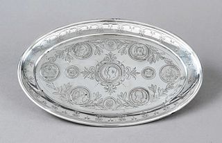 Oval coin tray, German, early 20th century, maker's mark Koch & Bergfeld, Bremen, jeweler's mark J. Elling, silver 800/000, on 4 feet, moulded form, w