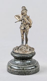 Pied Piper of Hamelin, 20th century, plated, on round base, marked CFK, Hamelin, overall h. 9 cm