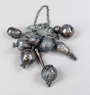 Decorative object, 20th c., plated, pendant, openwork with floral and bird motif, with 8 pendants in fruit, vessel and pipe shape, total l. ca. 42 cm