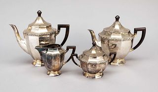 Four-piece coffee and tea centerpiece, German, c. 1920/30, maker's mark Gottlieb Kurz, Schwäbisch Gmünd, silver 800/000, polygonal stand, angular body