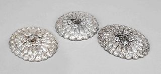 Three flower-shaped hand mirrors, Egypt, 2nd half of 20th century, silver hallmarked, 2x oval, 1x round, wall in each case with rich floral relief dec