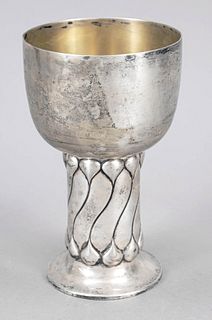 Goblet, German, early 20th century, master mark Bremer Silberwarenfabrik, silver 800/000, round stand, wide hollow shaft, wall with relief decoration,