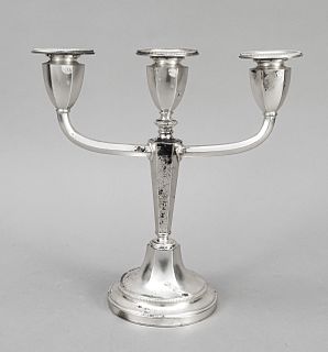 Three-flame candelabrum, 20th c., silver tested, round domed stand, angular conical shaft, in the upper part with 2 arms attached to the sides, spouts