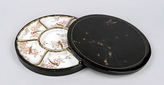7-piece cabaret, Japan, 20th c., complete set of bowls made of kutani porcelain with decoration of a golden pheasant in a blooming cherry blossom tree