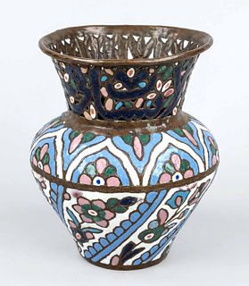 Enamel vase, probably Ottoman Empire 19th century, bronze vase with trumpet-shaped mouth and polychrome floral cellular enamel in the style of Iznik w