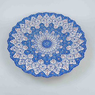 Large ornamental plate, probably Ottoman Empire 19th century, metal drift work hand-painted with numerous ornamental floral lobes, bottom signed, d 60