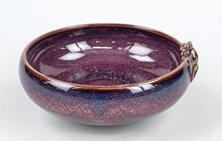 Junyao bowl ''The amphibian peeps out'', China, 20th c., studio pottery, light stoneware with blackberry junyao effect glaze and applied frog, d 17cm