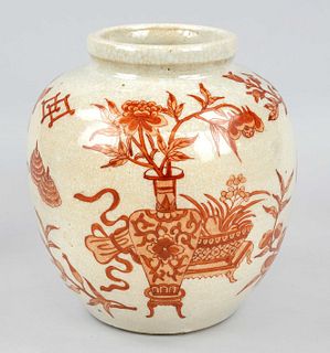Crackle ball pot, China, Qing dynasty(1644-1911), around 1880, light crackle ware with iron-red painting of treasures of the scholar's room and flower