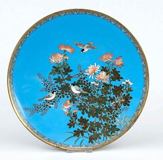 Cloisonné plate, Japan, c. 1900, enamel cloisonné on blue ground with colorful bird life between lush chrysanthemums, minimal scratches, d 30,5cm