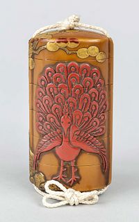 Coffee colored inro with peacock decoration, Japan, Edo period(1603-1868), 18th century, medicine box with red lacquer relief(jap. takamaki-e) of a pa