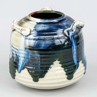 Mizusashi, Japan or China(Shiwan portware for Japan), 19th c., porcelain with tricolor effect glaze and hand formed handle loops as water container fo