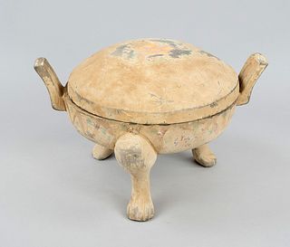 Tripod in the style of the Han Dynasty(206-220 A.D.), China, lidded vessel of grayish earthenware on lion paws, floral geometric decoration in cold pa