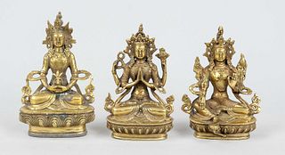 Buddhist triad, probably Nepal 20th c., figures in brass casting, triad of esoteric Buddhism of Tibet: Amitayus(Tibetan Tsepakme, ''Buddha of immeasur