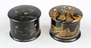 Pair of yarn boxes, Japan, Meiji period(1868-1912), round black lacquer lidded boxes with polychrome decoration of Japanese city life, partly rubbed, 