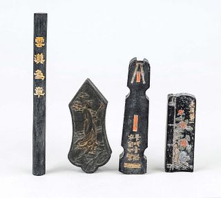 4 ink pieces, China, 20th century, various shapes and decorations, inscriptions, l to 14cm