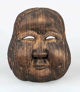 Kyogen mask of the Okame, Japan, Meiji period(1868-1912), 19th century, carved monochrome mask shell of the chubby old woman made of Japanese cedar wo