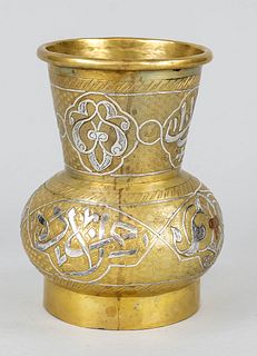 Historical Cairo vase, Egypt or Sudan, probably 19th century, chased brass with silver and copper inlays as well as hallmarking and engraving, h 14,5c