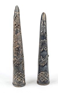 Pair of fingernail protectors, China, Qing dynasty(1644-1911), bronze, nail protectors for officials decorated with auspicious symbols, cf. portrait o